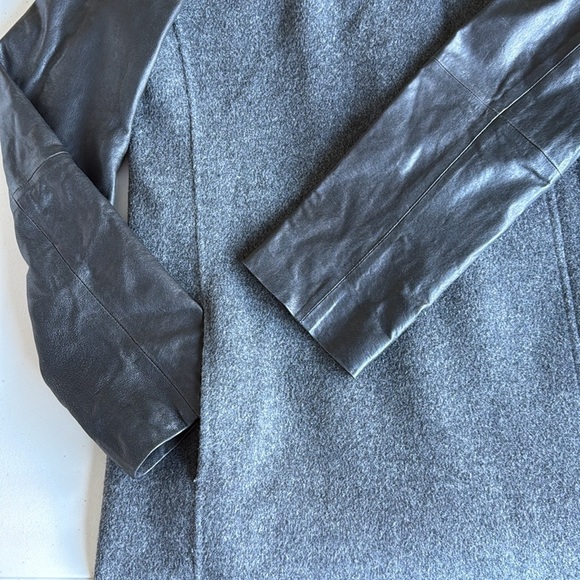 Vince Gray and Black Wool and Leather Asymmetrical Zip Coat Shawl Collar - Picture 9 of 16